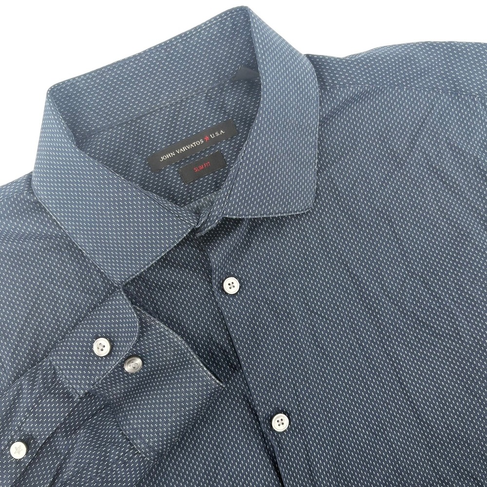 John Varvatos USA Mens Slim Fit Button Down Shirt Navy Blue Micro Dot 17 34/35